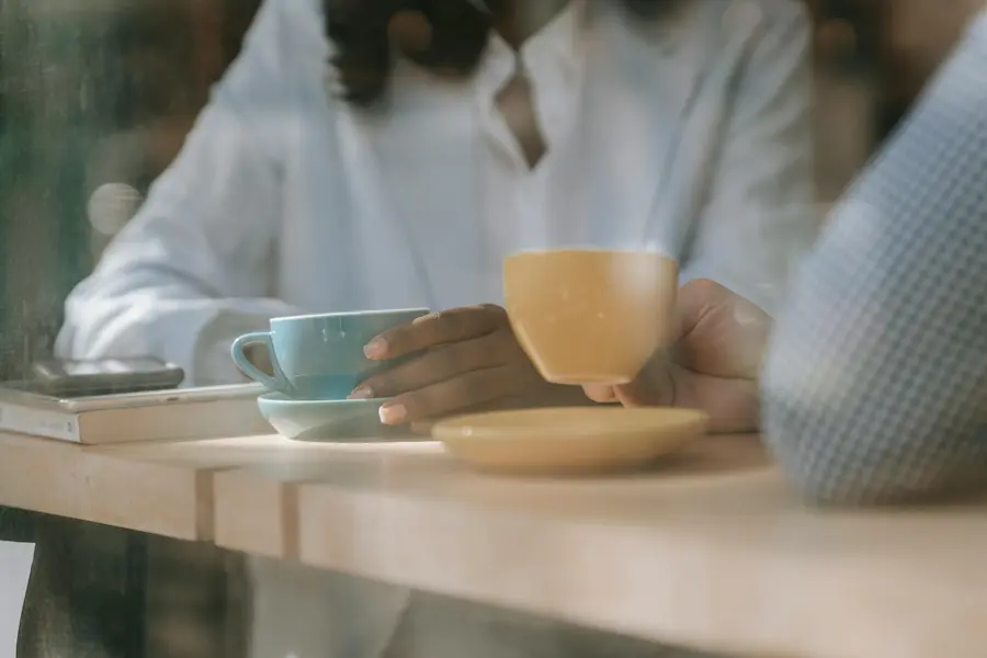 A man and a woman sitting in a cafe